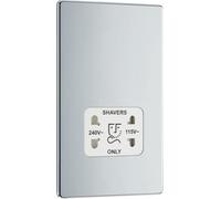 BG Electrical Dual Voltage Shaver Plug Socket, Electric Toothbrush Charger Socket for Bathrooms, Screwless Front Plate, Premium Flatplate, 2-Pin, Polished Chrome, White Inserts, 115V / 240V, FPC20W