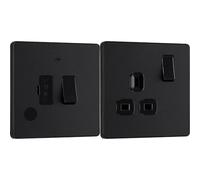 BG Electrical Evolve Fused Connection Unit with Power LED Indicator, 13A, Matt Black & Electrical Evolve Single Switched Power Socket, 13A, Matt Black