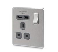 BG Electrical fbs21u2g 2.1 A Masterplug Single Socket with 2 x USB, Brushed Steel Grey Insert