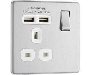 BG Electrical fbs21u2w 2.1 A Masterplug Single Socket with 2 x USB, Brushed Steel White Insert