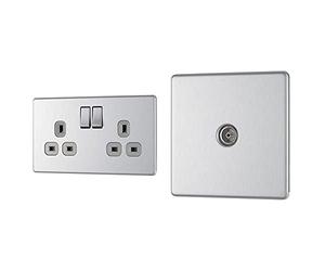 BG Electrical FBS22G-01 Double Switched Screwless Flat Plate Power Socket, Brushed Steel, 13 Amp & FBS60-01 Screwless Flat Plate Single Co-Axial Socket, Brushed Steel