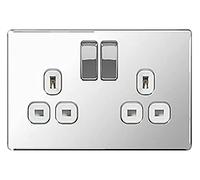 BG Electrical FPC22W 13 A 2-Gang Metal Double Pole Switched Socket - Flat Polished Chrome - 5 pack