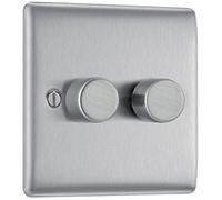 BG Electrical Intelligent Double Wall Dimmer Switch, 2 Way, Raised Profile, Round Edges, Nexus Metal, Brushed Steel, 200W, NBS82