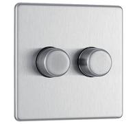BG Electrical Intelligent Double Wall Dimmer Switch, 2 Way, Screwless Front Plate, Premium Flatplate, Brushed Steel, 200W, FBS82