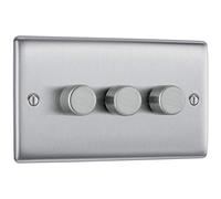 BG Electrical Intelligent Triple Wall Dimmer Switch, 2 Way, Raised Profile, Round Edges, Nexus Metal, Brushed Steel, 200W, NBS83