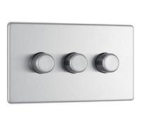 BG Electrical Intelligent Triple Wall Dimmer Switch, 2 Way, Screwless Front Plate, Premium Flatplate, Brushed Steel, 200W, FBS83