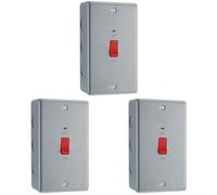 BG Electrical Large Cooker Switch with LED Power Indicator, Double Plate, Double Pole, Industrial Flat Profile, Scratch Resistant Steel, Metal Clad, Grey, 45A, MC572 (Pack of 3)