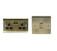 BG Electrical nab22b Metal Antique Brass Double Plug Socket Switch - Brass Black & nab12 Single Light Switch, Antique 2-Way, 10AX