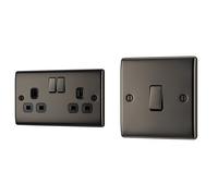 BG Electrical NBN22B-01 13 A Electrical 2-Gang Metal Switched Plug Socket, Black Nickel + NBN12 10 A Electrical 1-Gang 2-Way Metal Nickle Light Switch, Black