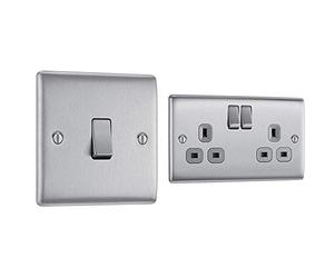 BG Electrical NBS12-01 Single Light Switch, Brushed Steel, 2-Way, 16AX & NBS22G-01 Double Switched Power Socket, Brushed Steel, 13 Amp