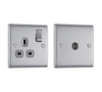 BG Electrical NBS21G-01 Single Switched Power Socket, Brushed Steel & BG Electrical NBS60-01 Single Co-Axial Socket, Brushed Steel, 86mm x 86mm x 20mm