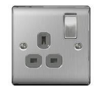 BG Electrical NBS21G Nexus Metal Brushed Steel 1 Gang 13A DP Switched Socket c/w Grey Insert