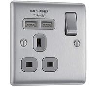 BG Electrical nbs21ug 2.1 A Masterplug Single Socket with 2 x USB, Brushed Steel Grey Insert Screwed