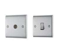 BG Electrical NBS60 1-Gang Metal Brushed Steel Co-Axial Socket, Brushed Steel + NBS12 10 A 1-Gang 2-Way Metal Brushed Steel Light Switch, Brushed Steel