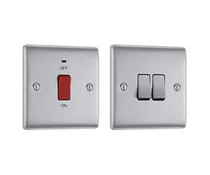 BG Electrical NBS74-01 Switched Cooker Control Unit with a Power Indicator, 45 Amp, Brushed Steel & NBS42-01 Double Light Switch, Brushed Steel, 2-Way, 10AX