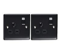 BG Electrical nmb21b 1 Gang Metal Single Plug Socket Switch - Matt Black (Pack of 2)