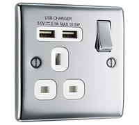 Bg Chrome Single 13A Raised Slim Switched Screwed Socket With Usb, X2 & White Inserts