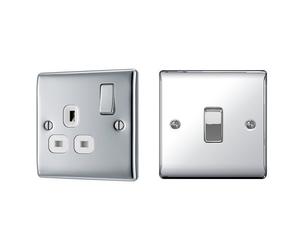 BG Electrical NPC21W Electrical 1-Gang Metal Electric Socket, Polished Chrome + masterplug BG Electrical Electrical NPC12 Nexus Metal Polished Chrome 1 Gang 2 Way 10 A Plate Switch