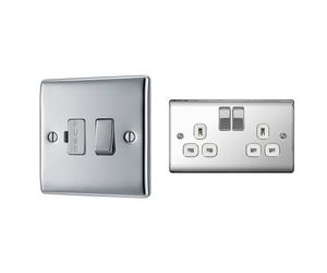 BG Electrical NPC50 13 A Nexus Metal Switched Fused Connection Unit, Polished Chrome + Electrical NPC22W Electrical 13 A 2 Gang Metal Polished Chrome Switched Socket, White