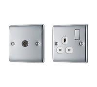 BG Electrical NPC60 Electrical Nexus Metal Single Non-Isolated Co-Axial Socket, Polished Chrome + NPC21W Electrical 1-Gang Metal Electric Socket, Polished Chrome