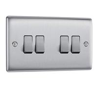 BG Electrical Quadruple Wall Light Switch, 2 Way, Raised and Slim Profile, Round Edges, Nexus Metal, Brushed Steel, 20A, 16AX, NBS44