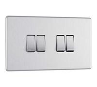 British General Wall Light Switch FBS44 - Quadruple 2-Way, Screwless Brushed Steel, 20A 16AX