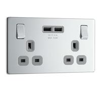 BG Electrical Screwless Flat Plate Double Switched Fast Charging, Power Socket with Two USB Charging Ports, 13 A, Polished Chrome with Grey Inserts