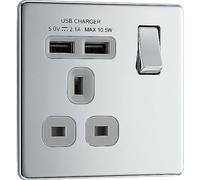 BG Electrical Screwless Flatplate Single Switched Fast Charging Power Socket with Two USB Charging Ports