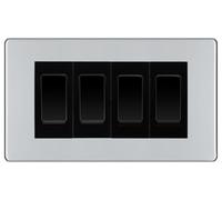 BG Electrical Screwless Polished Chrome 4-Gang Light Switch 1x 2-Way + 3x Intermediate - Black Inserts