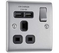 BG Nexus Metal Brushed Steel Single Switched 13A Power Socket With Usb Charging - 2X Usb Sockets (2.1A) - Black Insert - NBS21U2