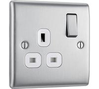 British General Wall Socket NBS21W – Single Switched, Nexus Metal Brushed Steel, White Inserts, 13A