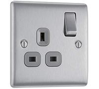 BG Electrical Single Switched Power Plug Wall Socket, Raised and Slim Profile, Round Edges, Nexus Metal, Brushed Steel, Grey Inserts, 13A, NBS21G