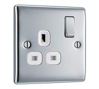 BG Electrical Single Switched Power Plug Wall Socket, Raised and Slim Profile, Round Edges, Nexus Metal, Polished Chrome, White Inserts, 13A, NPC21W