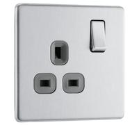 BG Electrical Single Switched Power Plug Wall Socket, Screwless Front Plate, Slim Profile, Premium Flatplate, Brushed Steel, Grey Inserts, 13A, FBS21G