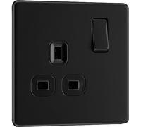 BG Electrical Single Switched Power Plug Wall Socket, Screwless Front Plate, Slim Profile, Premium Flatplate, Matt Black, 13A, FFB21B