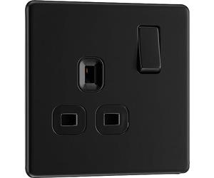 BG Electrical Single Switched Power Plug Wall Socket, Screwless Front Plate, Slim Profile, Premium Flatplate, Matt Black, 13A, FFB21B