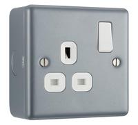 British General Single Switched Wall Socket MC521-01, Metal-Clad 13A Grey, Mounting Box