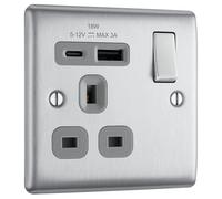 BG Electrical Single Switched Power Plug Wall Socket with Type A USB and Type C USB Charging Ports, Fast Charge, Round Edges, Nexus Metal, Brushed Steel, Grey Inserts, 13A, 18W, NBS21UAC18G
