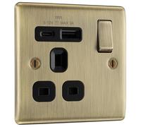 BG Electrical Single Switched Power Plug Wall Socket with Type A USB and Type C USB Charging Ports, Fast Charge, Raised and Slim Profile, Round Edges, Nexus Metal, Antique Brass, 13A 18W, NAB21UAC18B