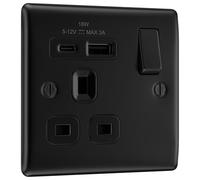 BG Electrical Single Switched Power Plug Wall Socket with Type A USB and Type C USB Charging Ports, Fast Charge, Raised and Slim Profile, Round Edges, Nexus Metal, Matt Black, 13A, 18W, NFB21UAC18B
