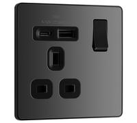 BG Electrical Single Switched Power Plug Wall Socket with Type A USB and Type C USB Charging Ports, Fast Charge, Screwless Front Plate, Evolve, Black Chrome, 13A, 18W, PCDBC21UAC18B