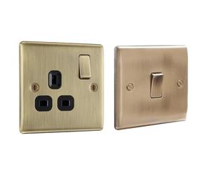 BG Electrical Single Switched Power Socket with Black Inserts, Antique Brass, 13 Amp & BG Electrical nab12 Single Light Switch, Antique Brass, 2-Way, 20Amps and 16AX