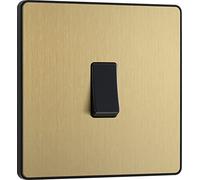 BG Electrical Single Wall Light Switch, 2 Way, Screwless Front Plate, Round Edges, Evolve, Satin Brass, 20A, 16AX, PCDSB12B