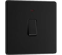 BG Electrical Single Wall Switch with LED Power Indicator, Double Pole, Screwless Front Plate, Slim Profile, Premium Flatplate, Matt Black, 20A, FFB31