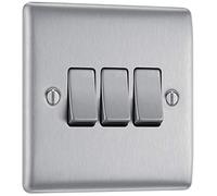 BG Electrical Triple Wall Light Switch, 2 Way, Raised and Slim Profile, Round Edges, Nexus Metal, Brushed Steel, 20A, 16AX, NBS43