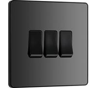British General Triple Wall Light Switch Evolve 20A 16AX 2-Way Screwless Black Chrome PCDBC43B