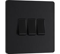 BG Electrical Triple Wall Light Switch, 2 Way, Screwless Front Plate, Round Edges, Evolve, Matt Black, 20A, 16AX, PCDMB43B