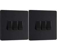 BG Electrical Triple Wall Light Switch, 2 Way, Screwless Front Plate, Round Edges, Evolve, Matt Black, 20A, 16AX, PCDMB43B (Pack of 2)