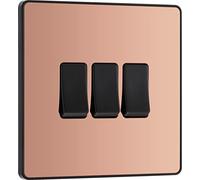 BG Electrical Triple Wall Light Switch, 2 Way, Screwless Front Plate, Round Edges, Evolve, Polished Copper, 20A, 16AX, PCDCP43B