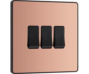 BG Electrical Triple Wall Light Switch, 2 Way, Screwless Front Plate, Round Edges, Evolve, Polished Copper, 20A, 16AX, PCDCP43B